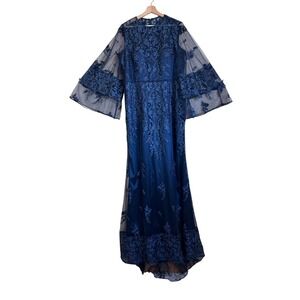 JS Navy Blue Floral Embroidered Lace Bell Long Sleeve Gown Dress Size 16 Wedding
